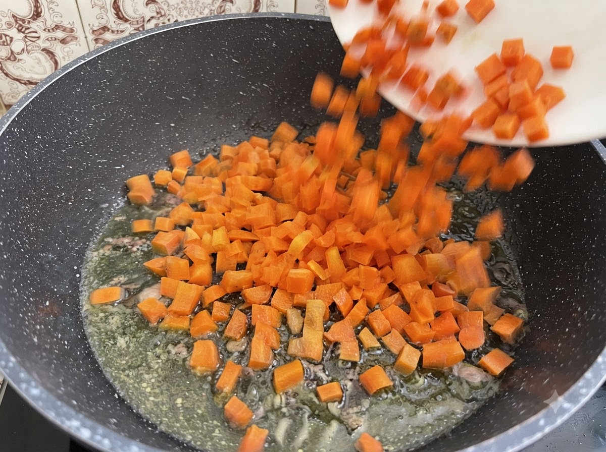 Des carottes, du céleri et des oignons en dés en cours de cuisson dans une cocotte avec de lhuile dolive et de la moelle.