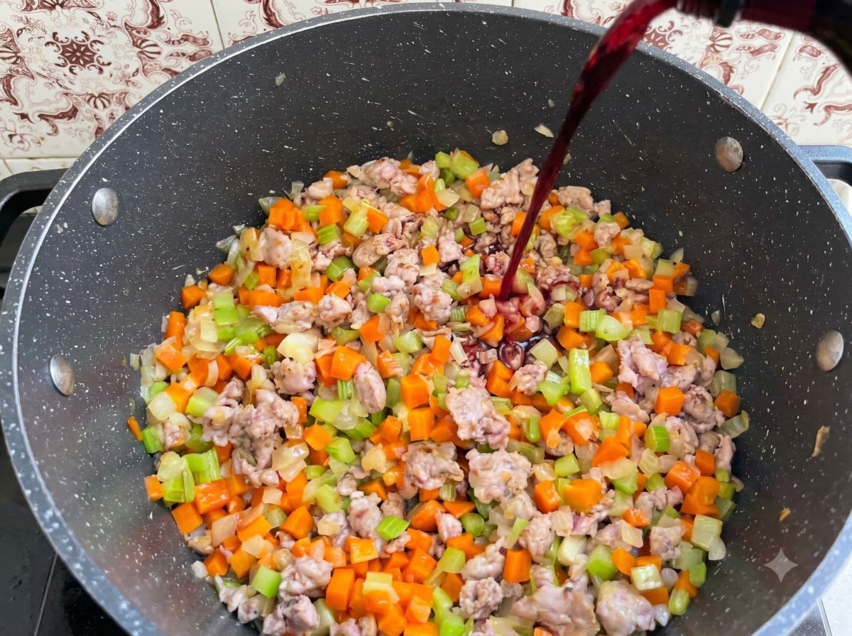 Du vin rouge versé dune bouteille dans une cocotte remplie de légumes et de viande.