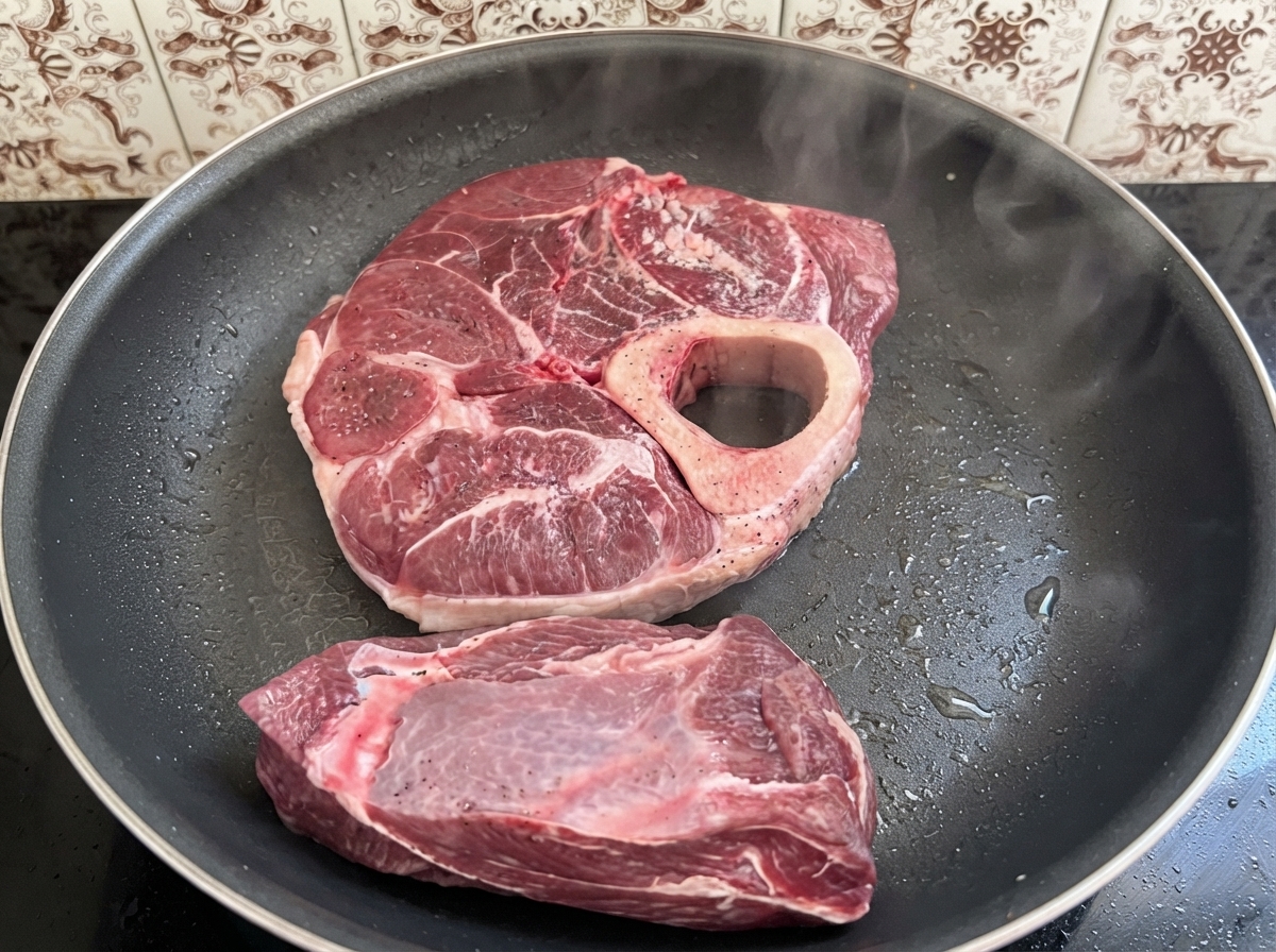 Des morceaux de bœuf assaisonnés en train de saisir dans une poêle chaude avec de la vapeur visible.