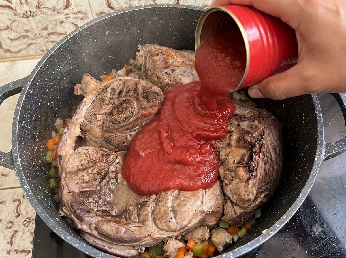De la purée de tomates versée dune boîte rouge dans une grande cocotte contenant des morceaux de bœuf et des légumes cuits.