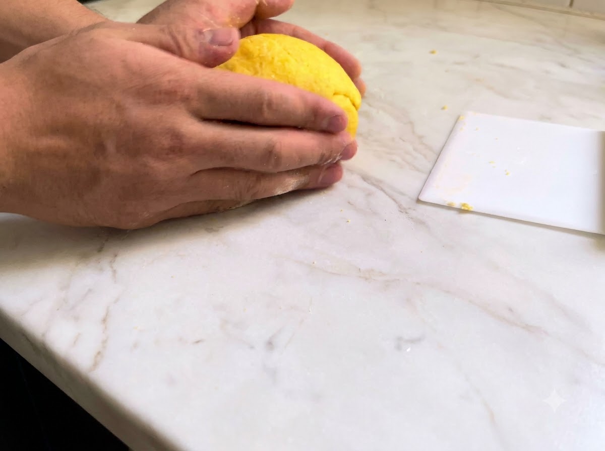 Des mains en train de pétrir fermement une boule de pâte à pâtes fraîche jaune vif sur une surface en marbre blanc.