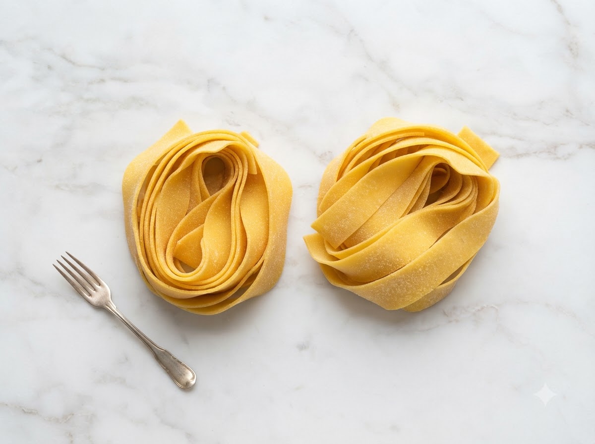 Des pâtes tagliatelle fraîches façonnées et enroulées en nids.