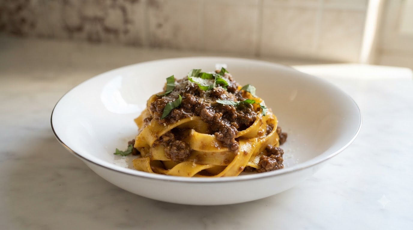 Tagliatelle al Ragù faits maison avec joue et plat de côtes de bœuf