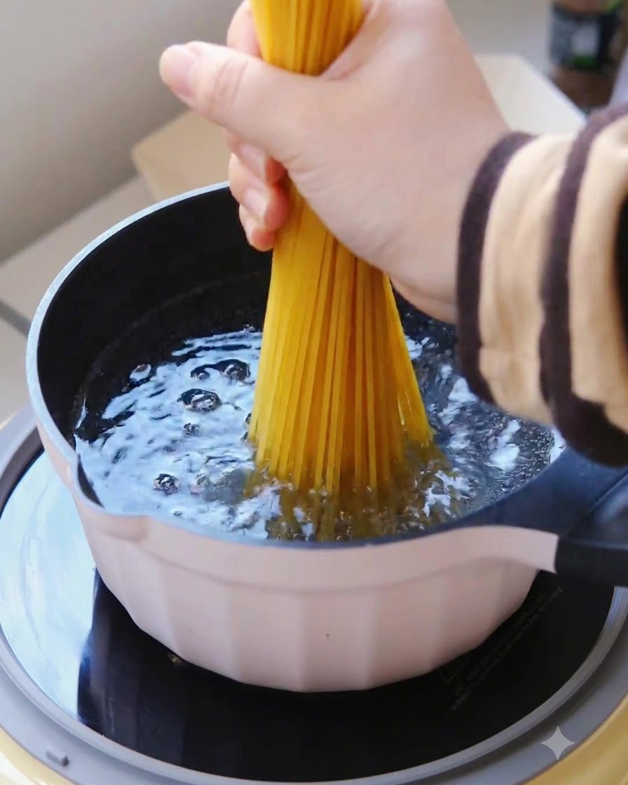 Un paquet de spaghetti secs plongé verticalement dans une casserole deau bouillante.