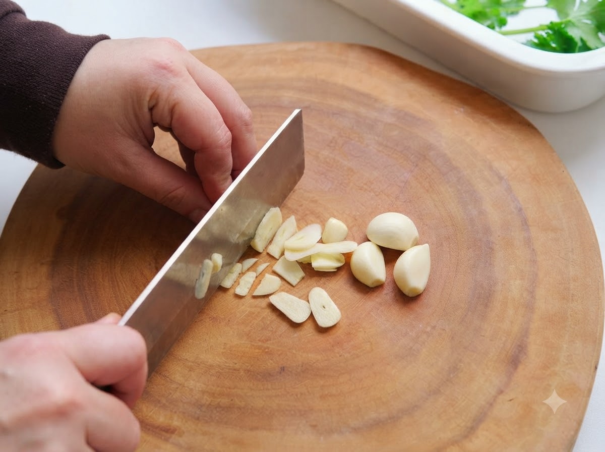 Des gousses dail coupées en fines tranches avec un couteau de cuisine sur une planche en bois.