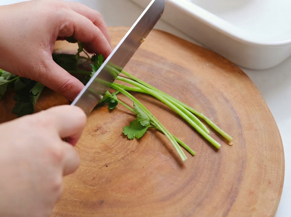 Des tiges de coriandre fraîche coupées avec un couteau sur une surface en bois.
