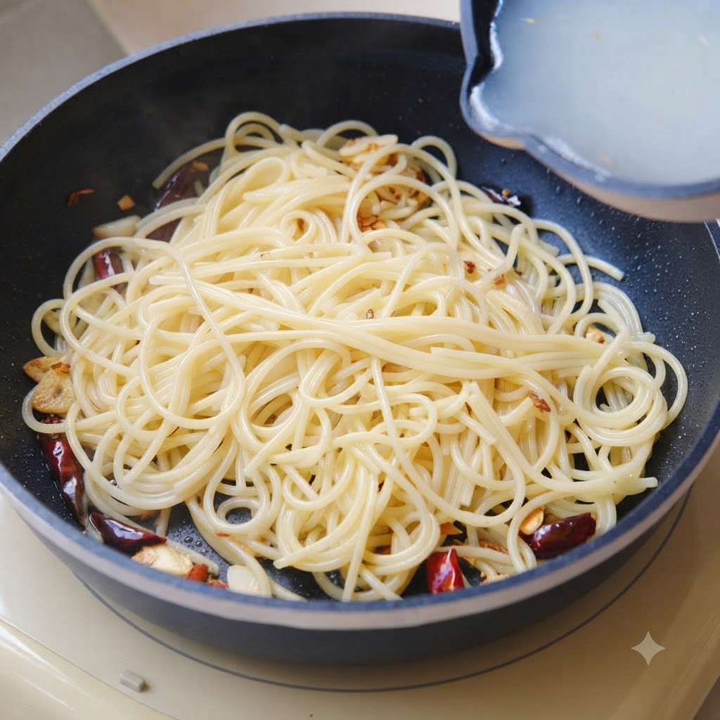 De leau de cuisson des pâtes versée depuis une petite casserole dans la poêle avec les spaghetti.