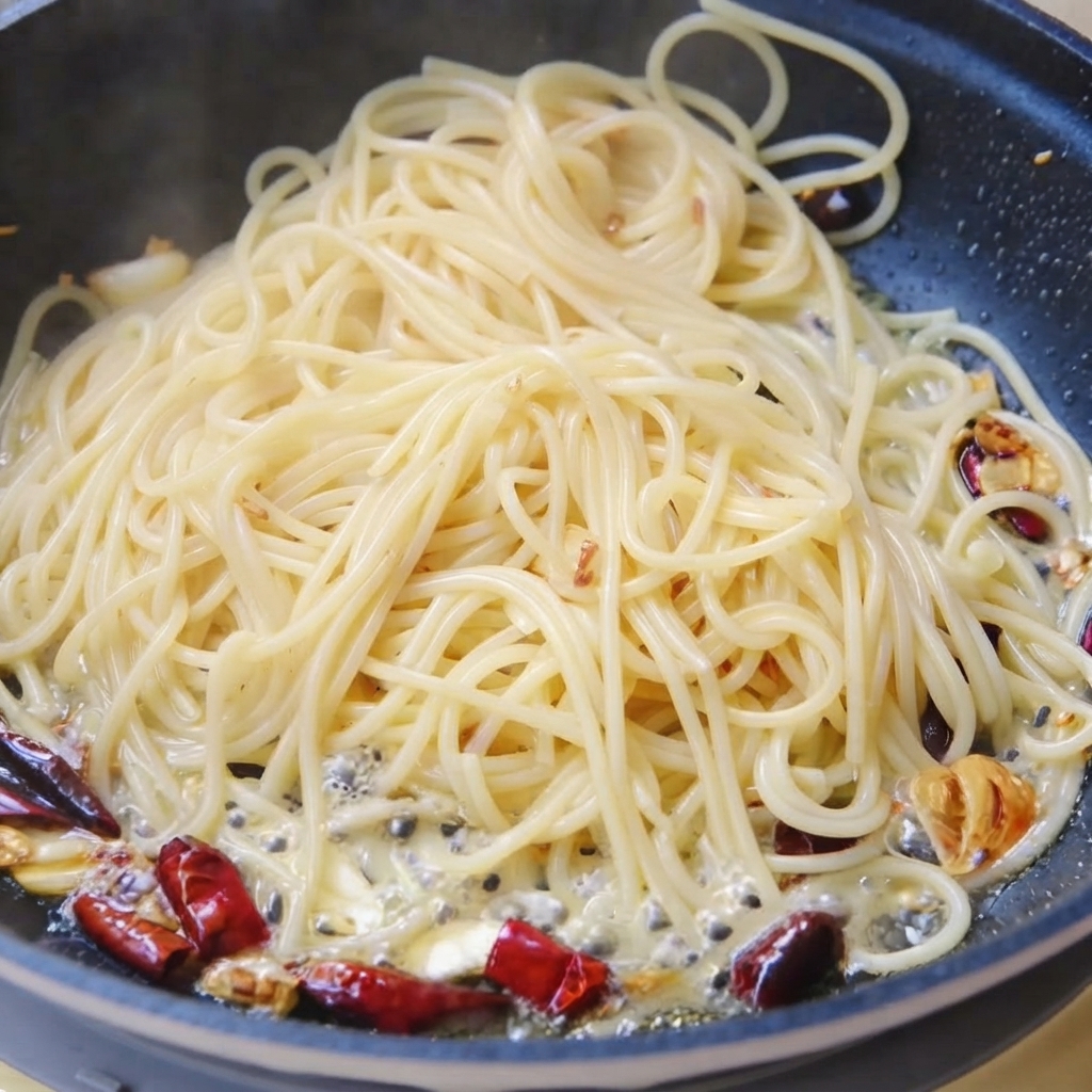 Des spaghetti mélangés avec des tiges de coriandre et de leau bouillante dans une poêle.