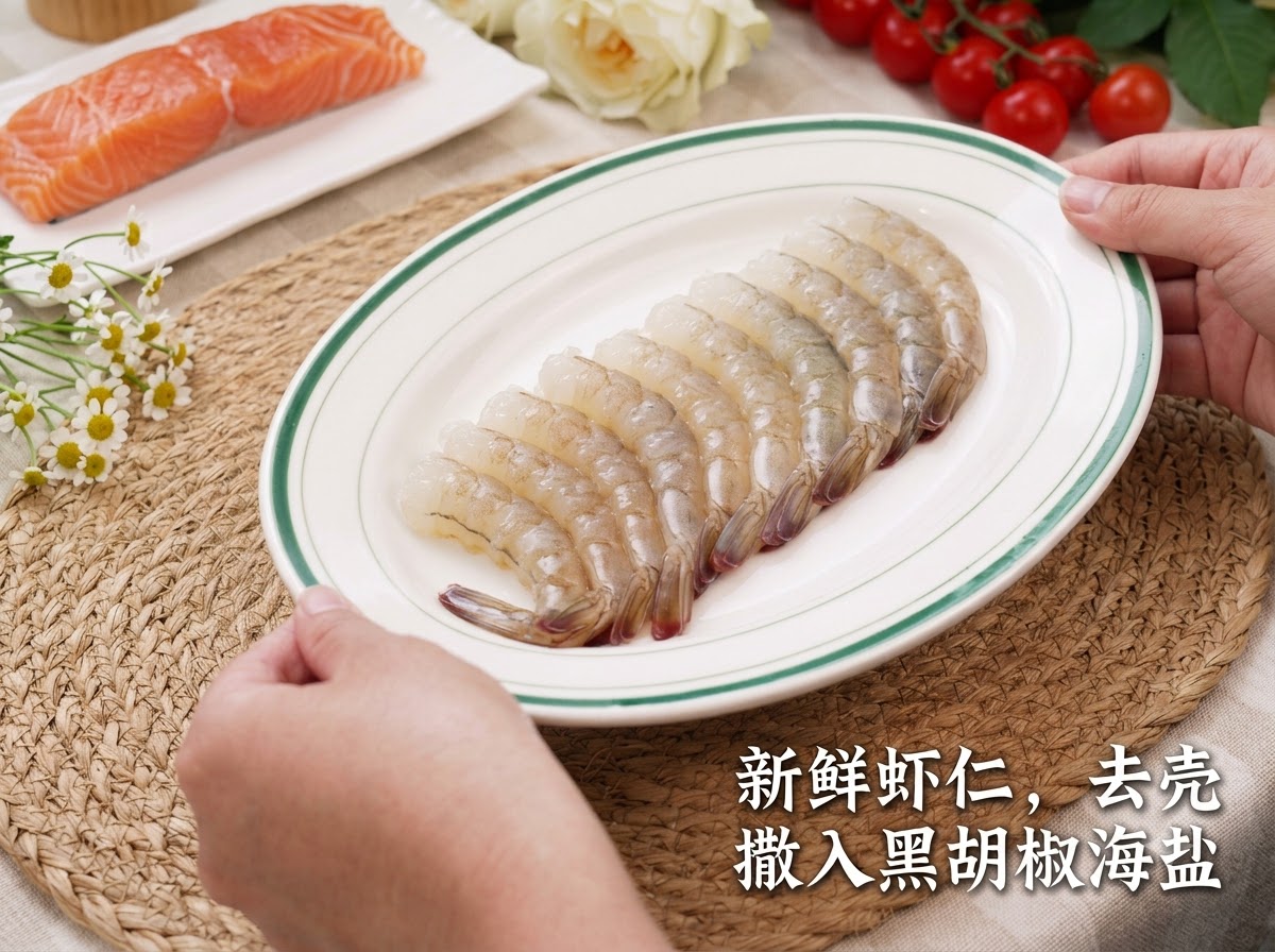 Crevettes crues et décortiquées disposées proprement sur une assiette blanche, saupoudrées de poivre noir et de sel marin.