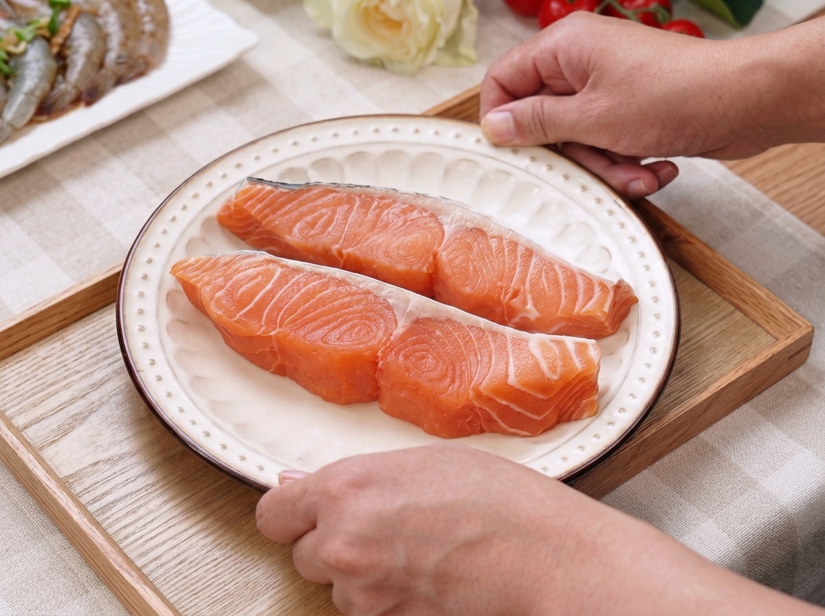 Deux filets de saumon frais posés sur une assiette blanche en train dêtre assaisonnés de sel et de poivre.