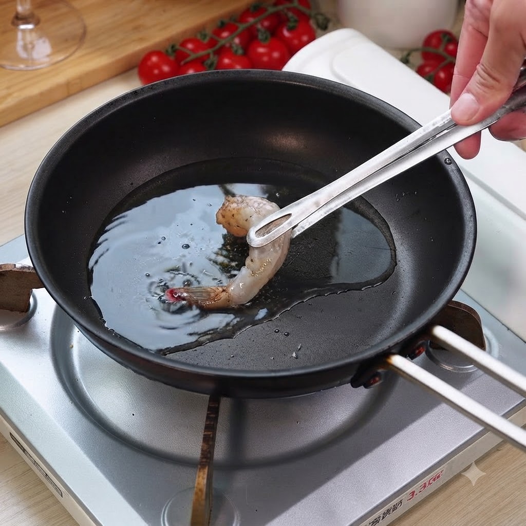 Une crevette assaisonnée placée dans une poêle chaude huilée à laide de pinces de cuisine.