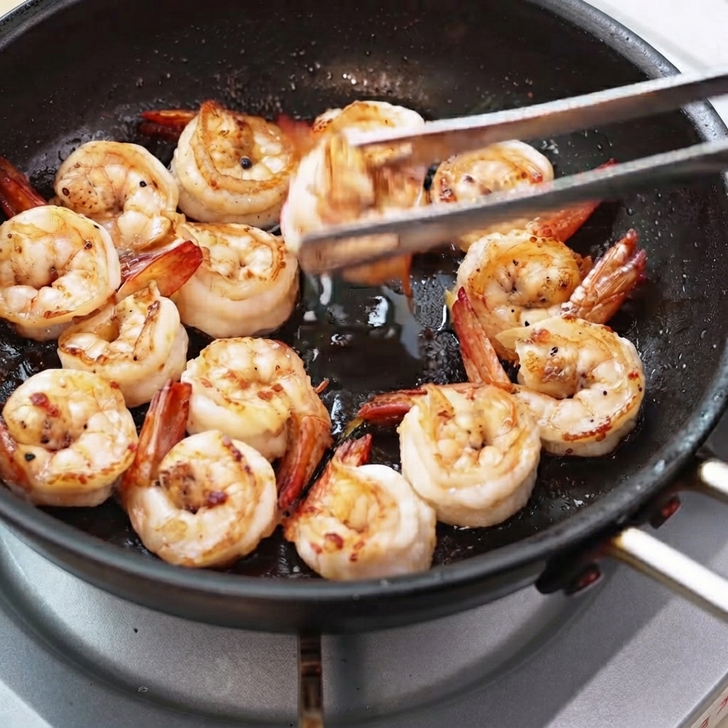 Têtes de crevettes pressées et sautées dans une poêle chaude, libérant une huile orangée.