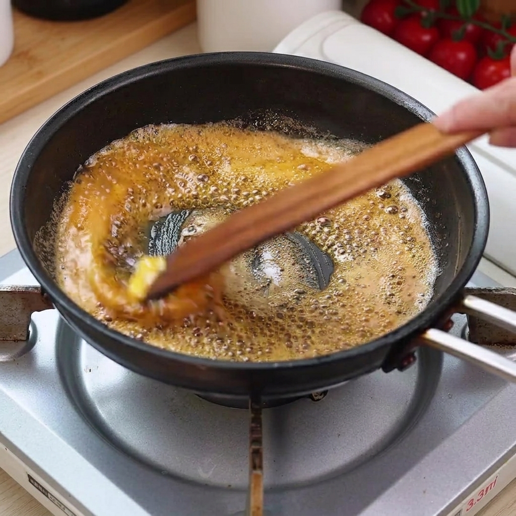 Beurre et ail émincé en train de fondre et de frire dans une poêle avec de lhuile parfumée, remués avec une spatule en bois.