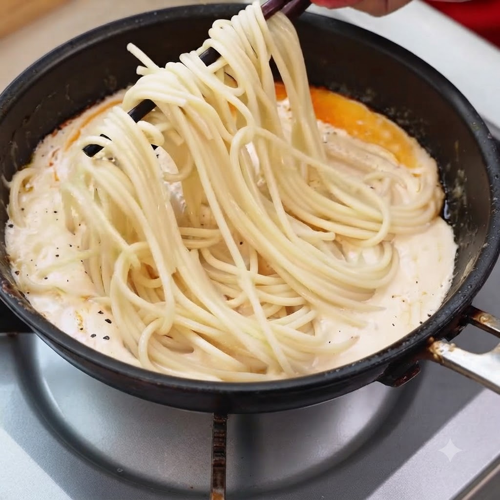 Brins de spaghettis cuits soulevés avec des baguettes dans une sauce crémeuse avec des crevettes.