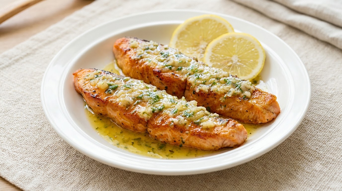 Saumon poêlé au citron et pâtes aux crevettes à l'ail