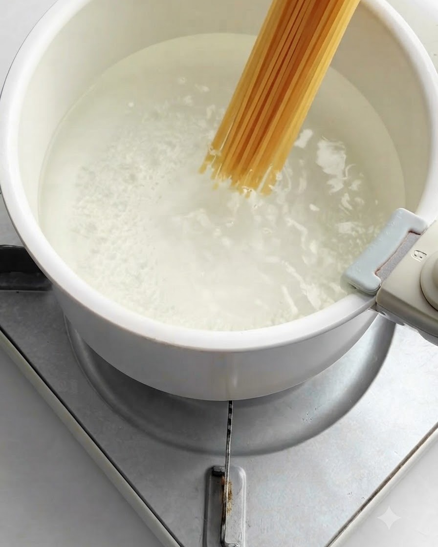 Un bouquet de longs spaghettis plongés dans une casserole blanche remplie deau bouillante et frémissante sur une cuisinière.