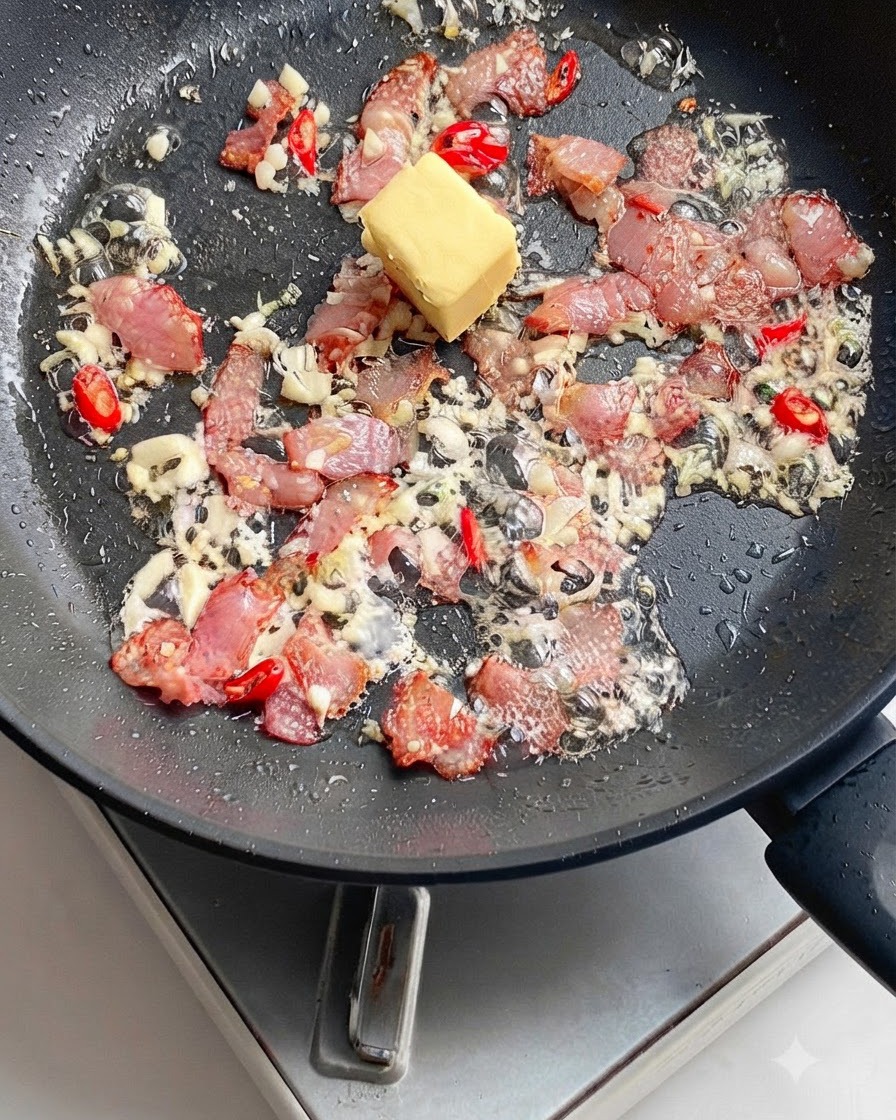 Un petit cube de beurre jaune en train de fondre au milieu du bacon, de lail et du piment dans la poêle.