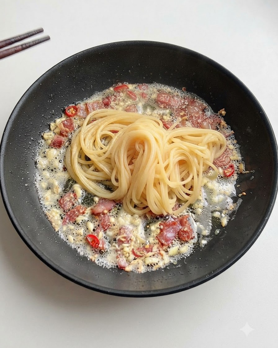 Une petite quantité deau de cuisson amidonnée versée dans la poêle avec le bacon et lail.