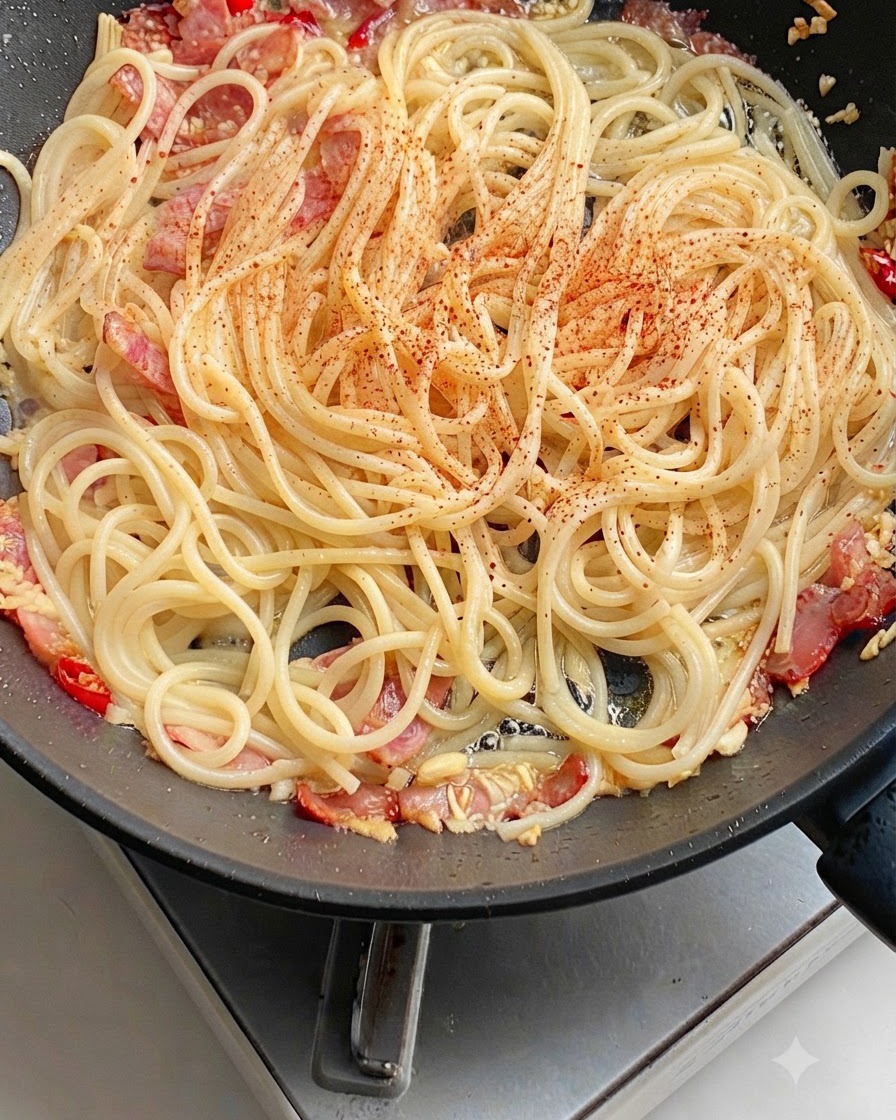 Un filet de sauce huître foncée versé sur les nouilles de pâtes dans la poêle.