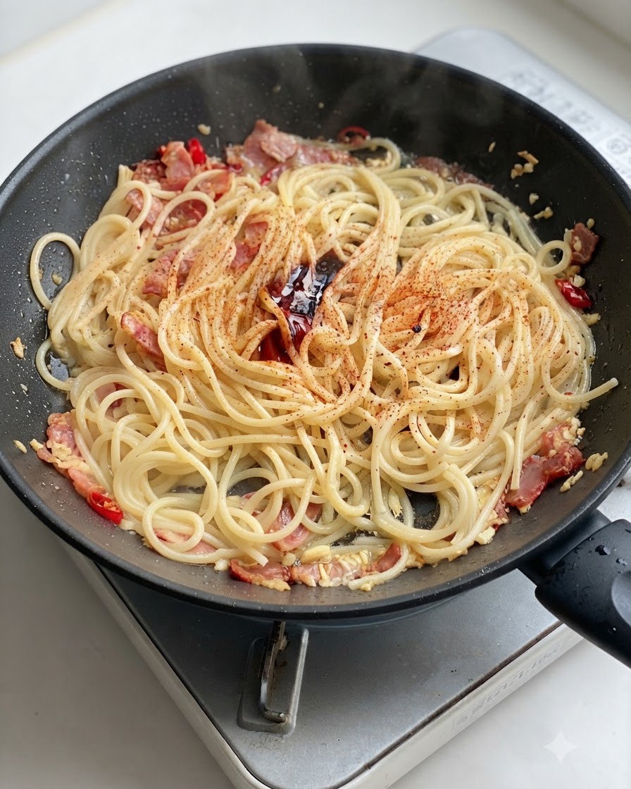 Du poivre noir fraîchement moulu par-dessus les spaghettis assaisonnés dans la poêle.