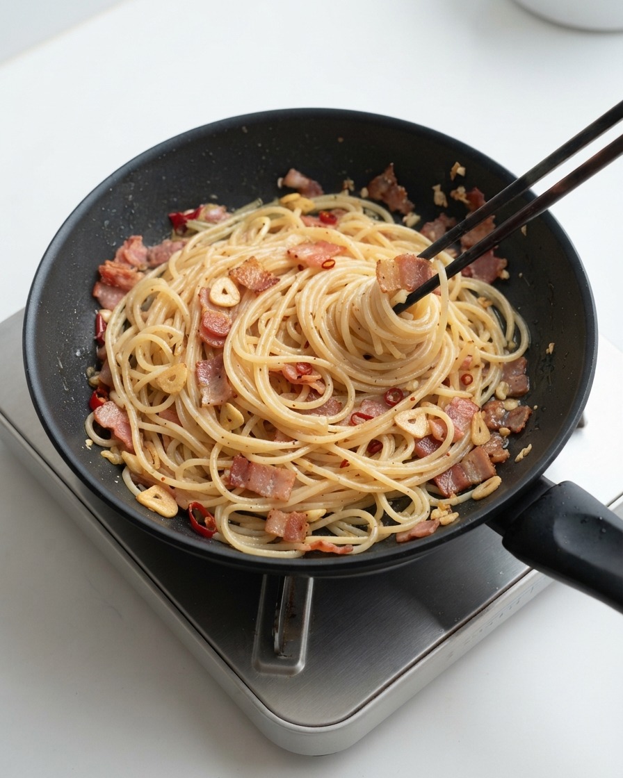 Des nouilles de spaghettis mélangées avec des baguettes dans une poêle avec de la sauce au bacon et à lail.
