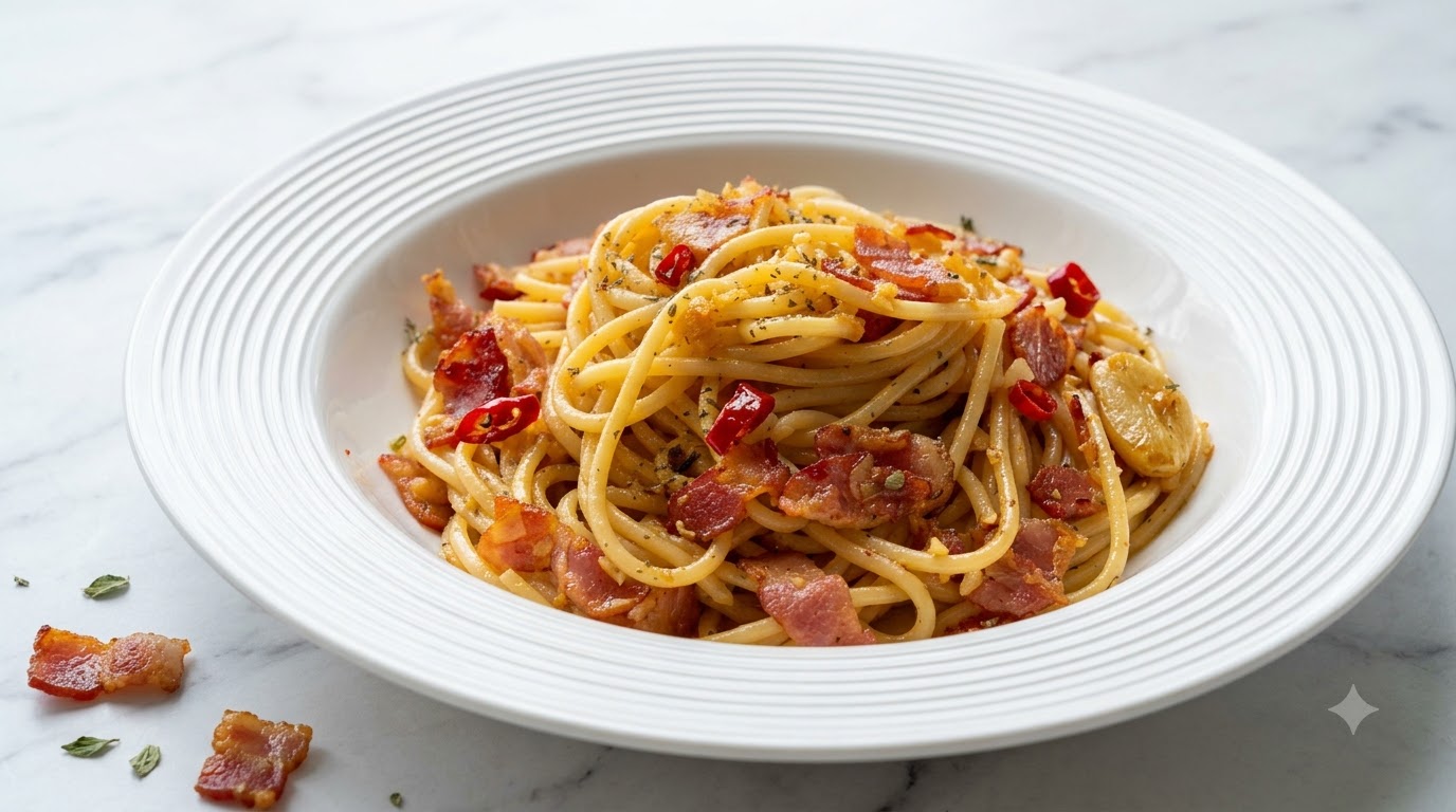 Pâtes au bacon, beurre à l'ail, piment et sauce huître
