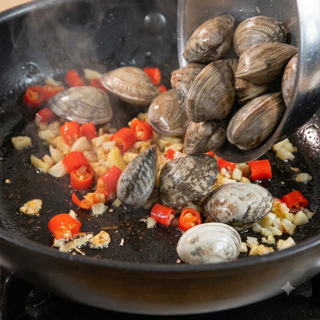 Des palourdes versées dun récipient en métal dans une poêle contenant lail et les piments rouges sautés.
