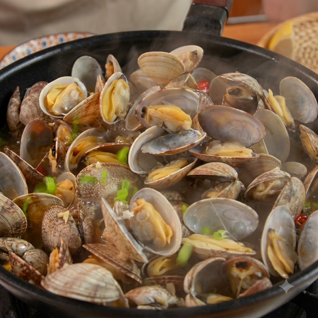 Des palourdes cuites et ouvertes dans une poêle garnies doignons verts fraîchement hachés.