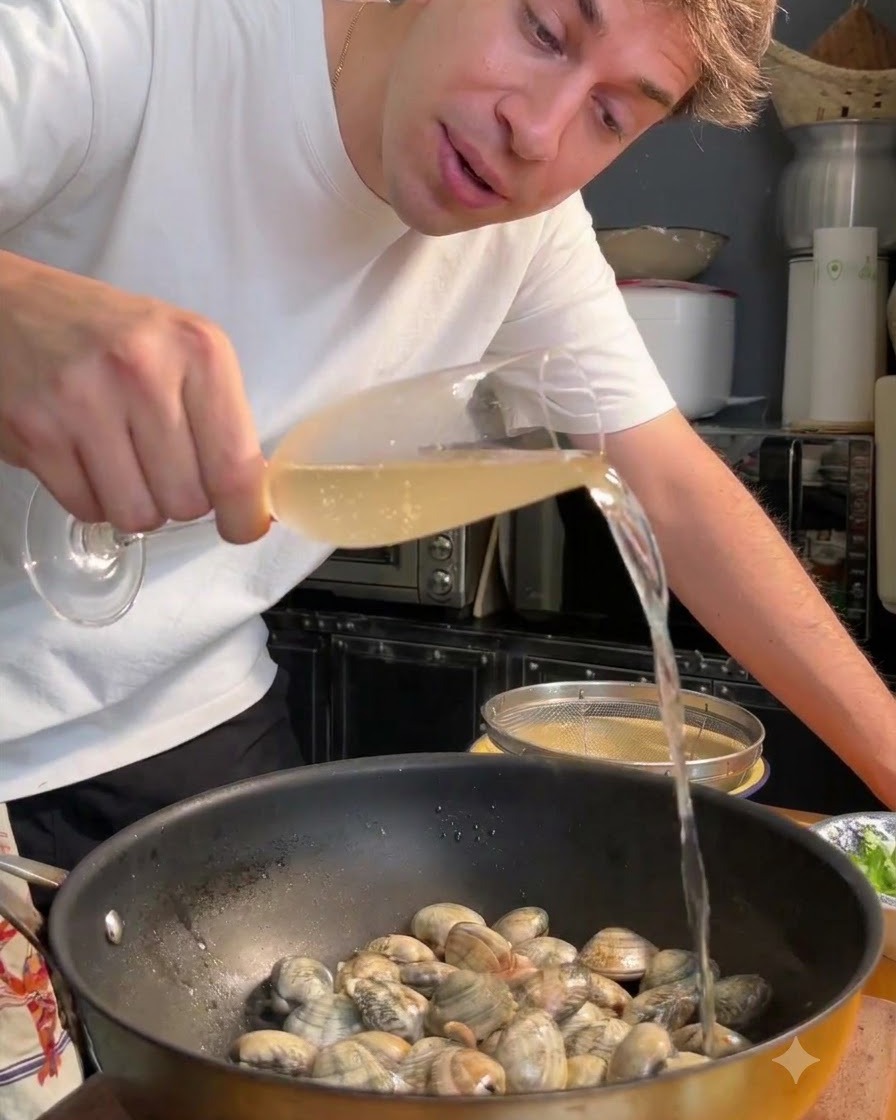 Du vin blanc versé dun verre dans une poêle de palourdes.