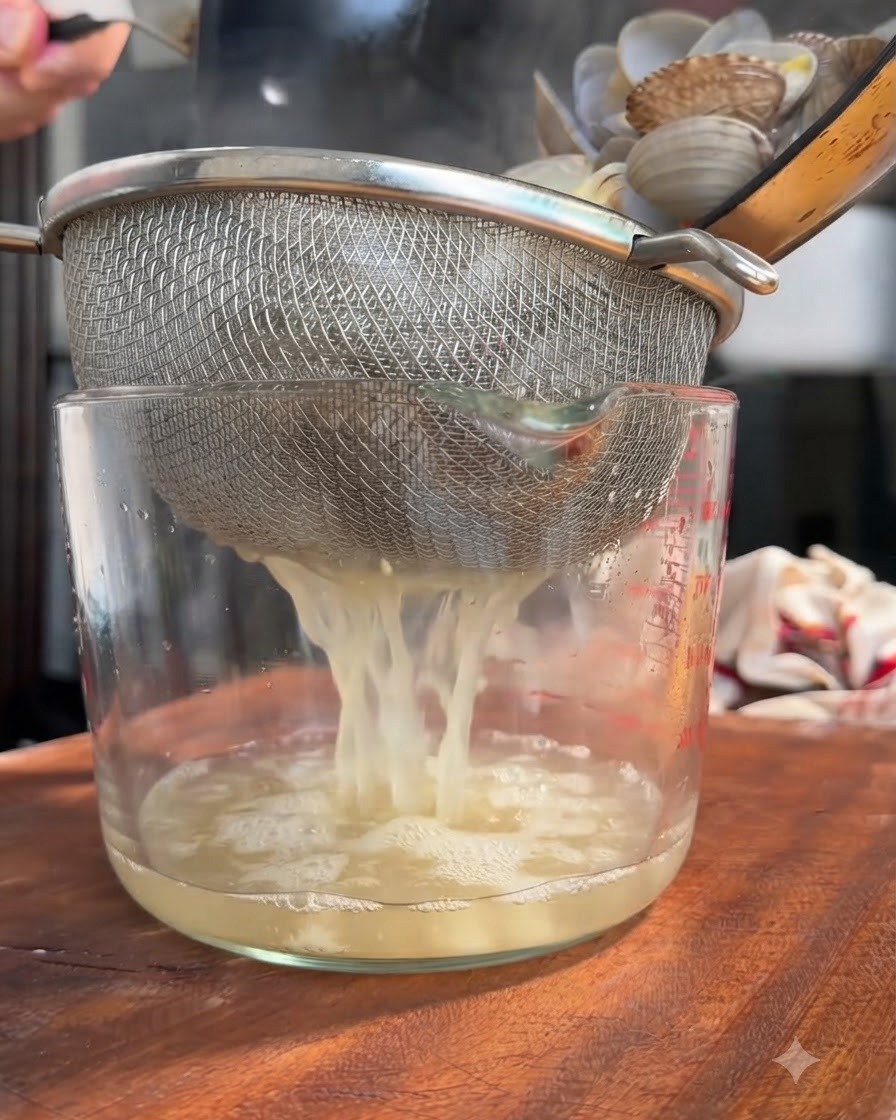 Du jus de palourde filtré à travers un tamis métallique dans une tasse à mesurer.