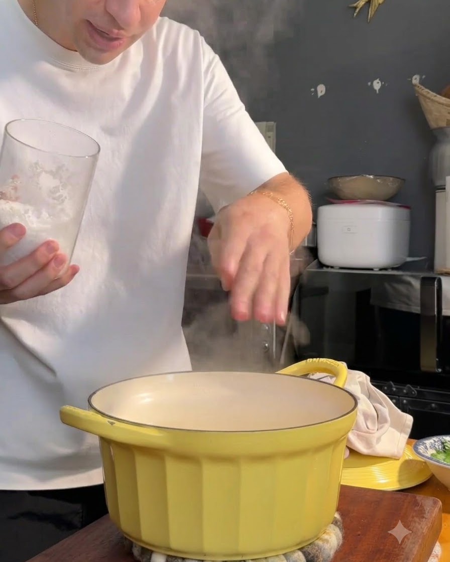 Une personne ajoutant du sel dans une casserole jaune deau bouillante à côté de pâtes.