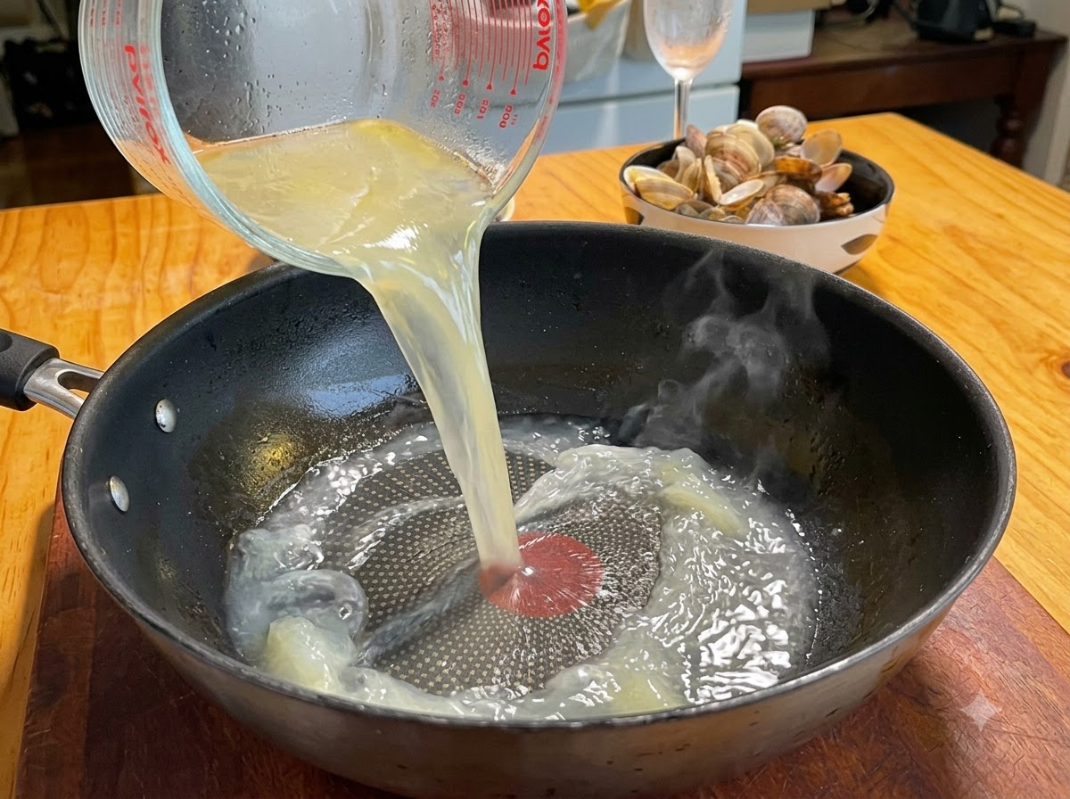 Du bouillon de palourdes clair versé dune tasse à mesurer en verre dans une poêle noire.
