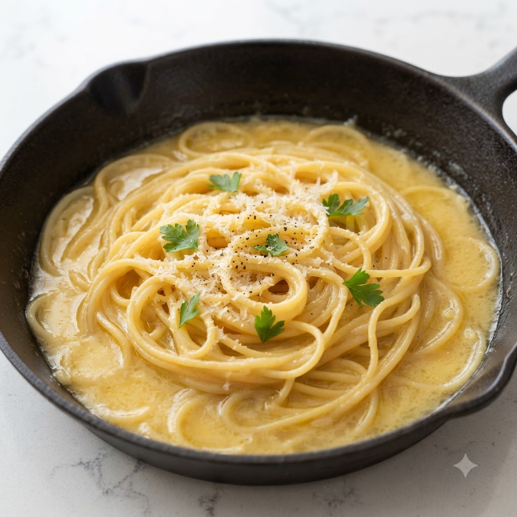 Des spaghetti mijotant dans une poêle en fonte, enrobés dune émulsion dorée de bouillon de palourdes et garnis de persil.