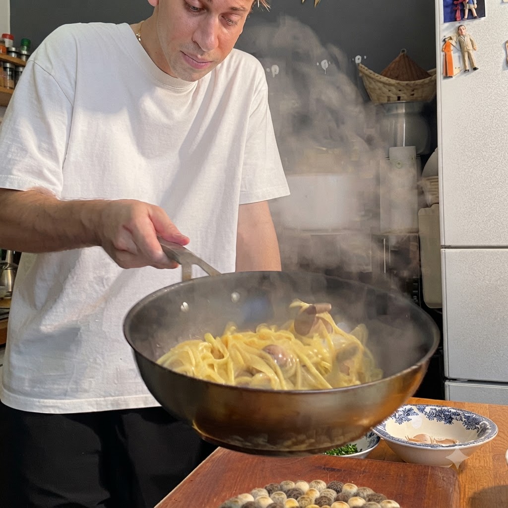 Un cuisinier tenant la poignée dune poêle tout en remuant les spaghetti et les palourdes au milieu de la vapeur dans une cuisine.