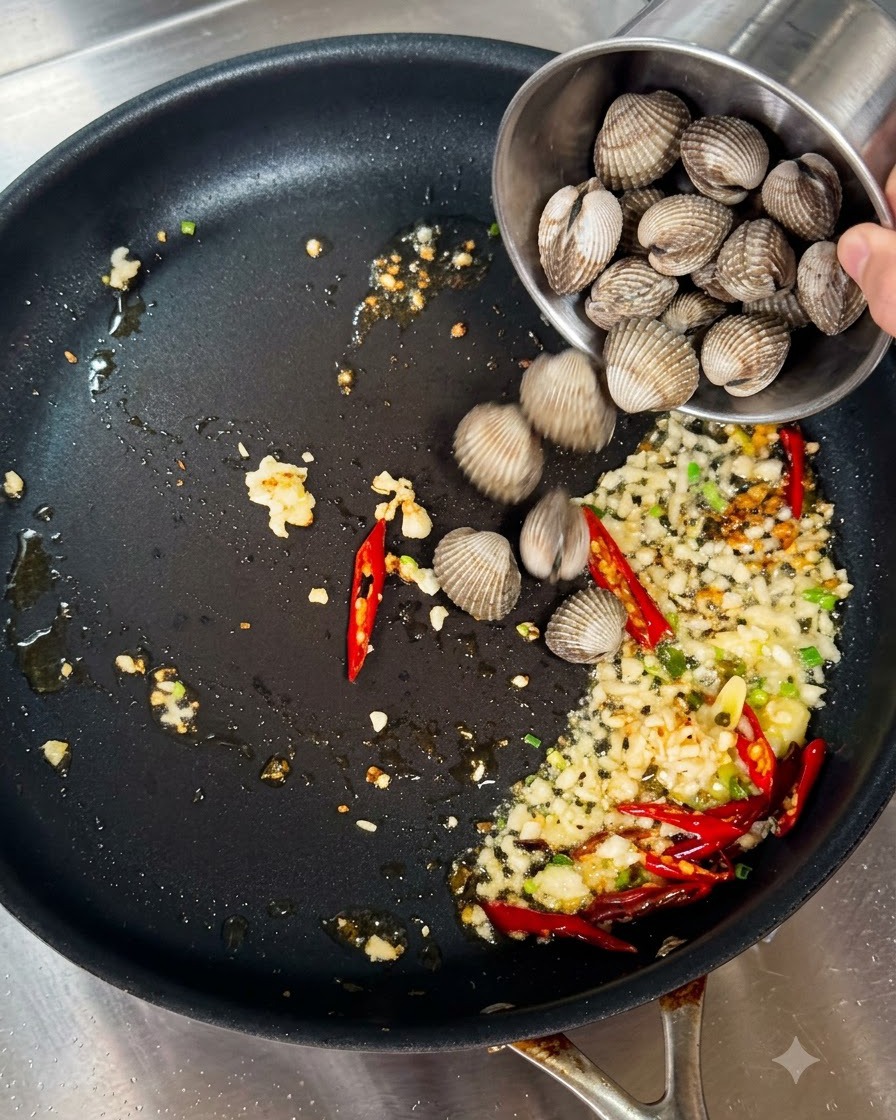Palourdes fraîches versées dune petite tasse en métal dans une poêle contenant de lail et des piments sautés.