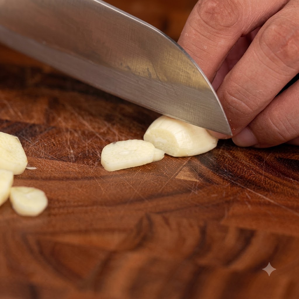 Des gousses dail coupées uniformément sur une planchette en bois avec un couteau de chef bien aiguisé.