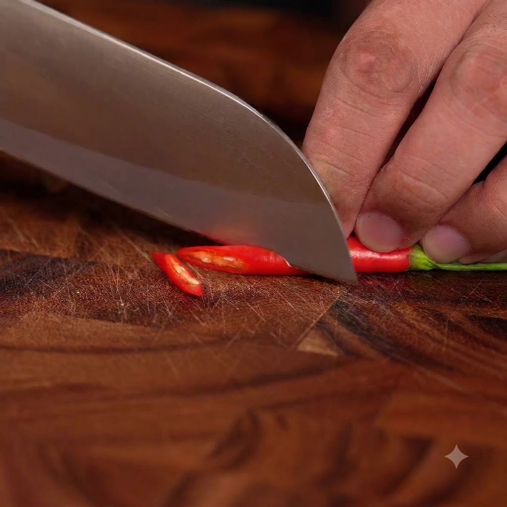 Un piment rouge coupé en petites rondelles sur une planche à découper en bois.