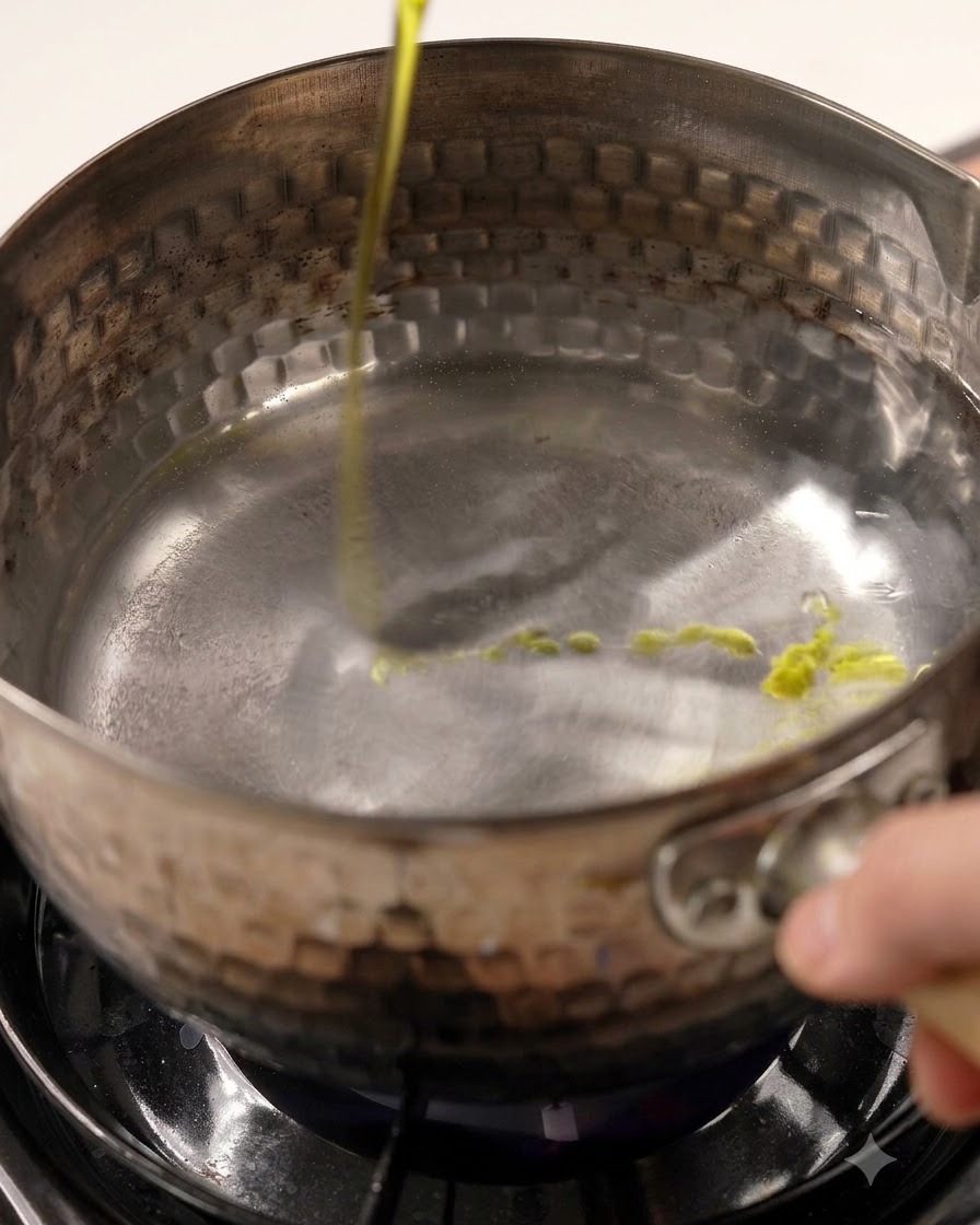 De lhuile dolive versée du dessus dans une casserole remplie deau bouillante et frémissante.