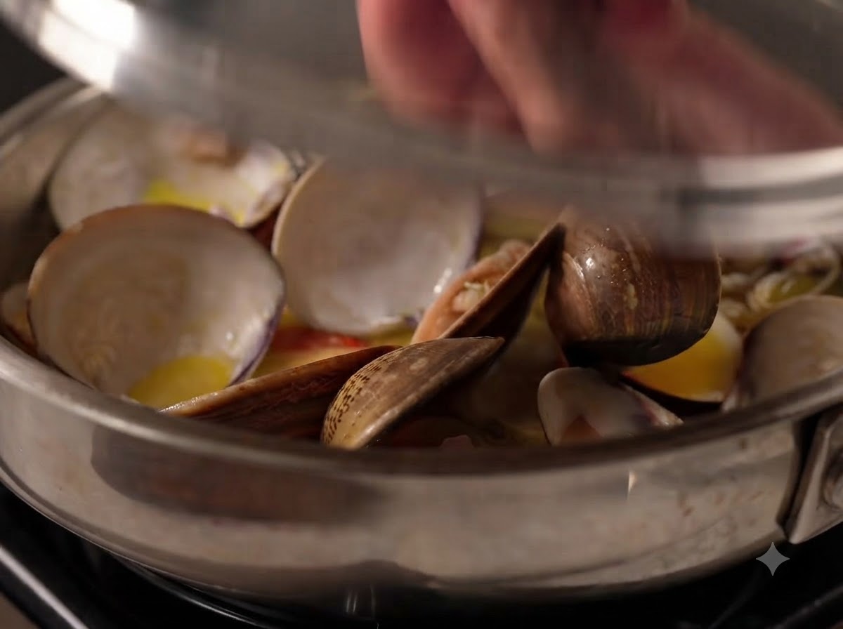 Une poêle en métal recouverte dun couvercle pendant que les palourdes cuisent à létouffée et souvrent à lintérieur.