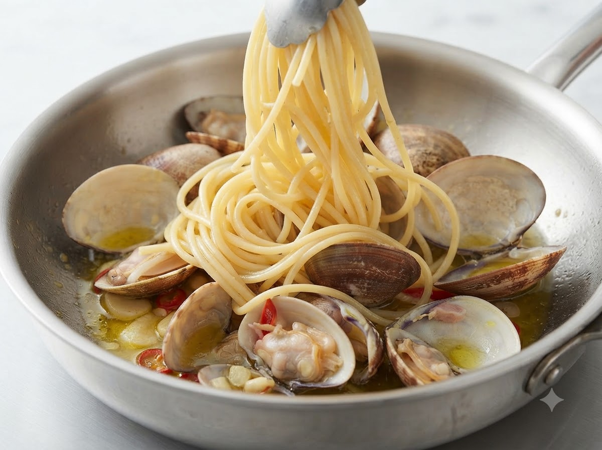 Une portion de spaghetti cuits soulevée avec des pinces et déposée dans une poêle contenant les palourdes cuites.