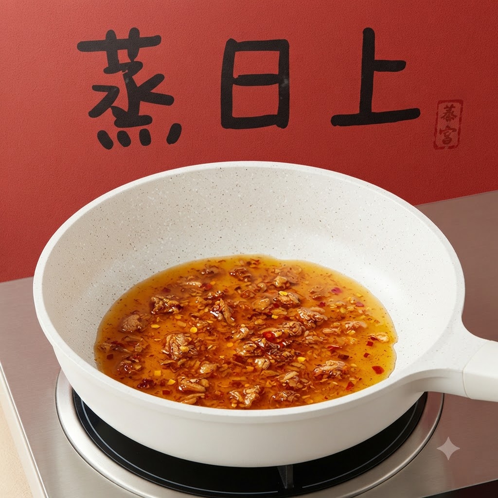 Une poêle contenant de la sauce liquide et des sachets darômes sur un brûleur sur fond rouge.