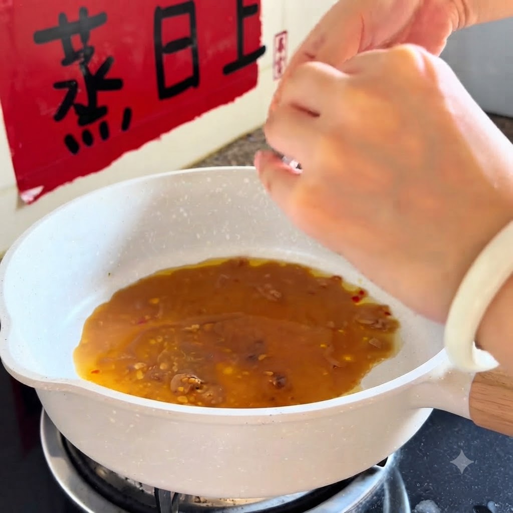 Mains pressant un sachet de sauce dans une poêle blanche remplie de liquide assaisonné.