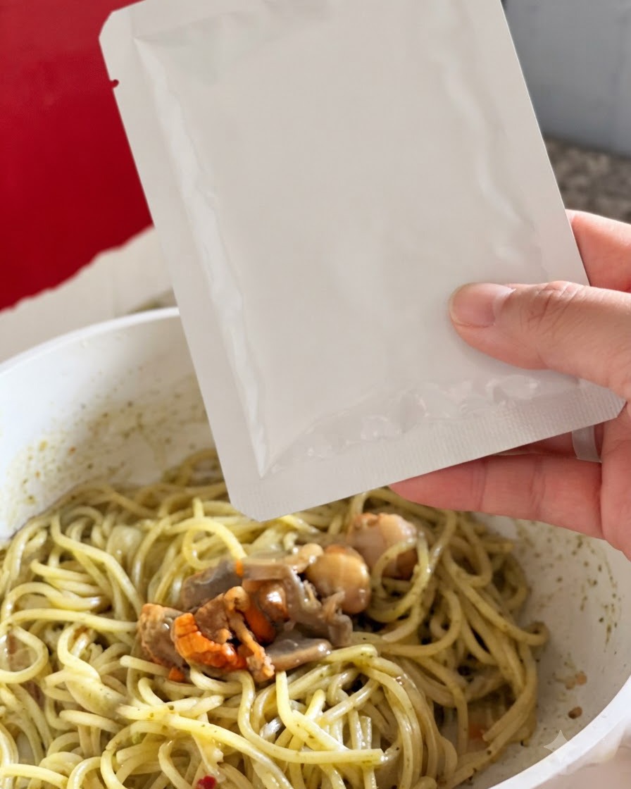 Une main tenant un sachet en aluminium blanc au-dessus dune poêle blanche, versant la garniture de palourdes et de légumes dans un plat de pâtes au pesto vert.