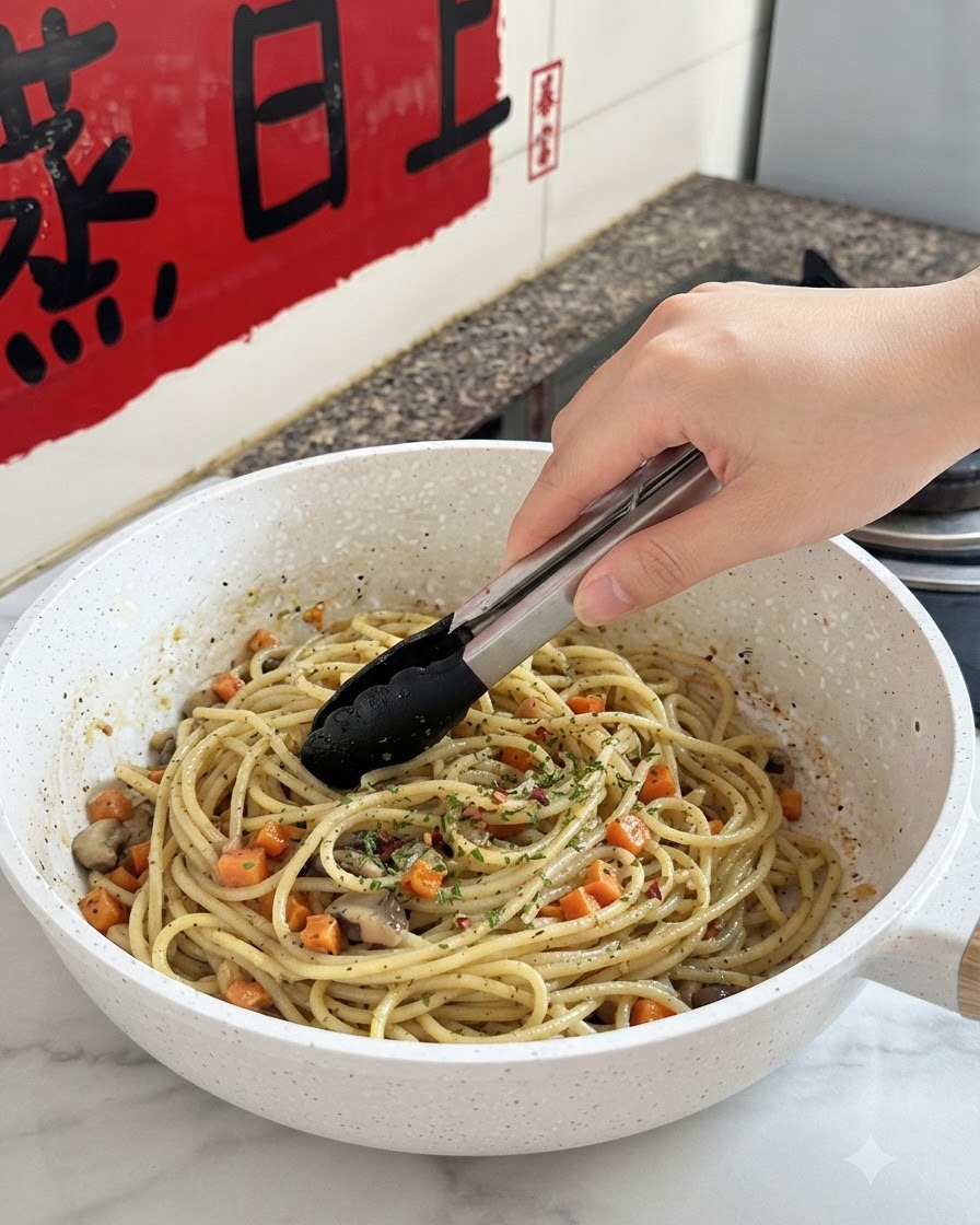 Pinces mélangeant des pâtes, des carottes coupées en dés, des champignons et des herbes ensemble dans une poêle blanche.