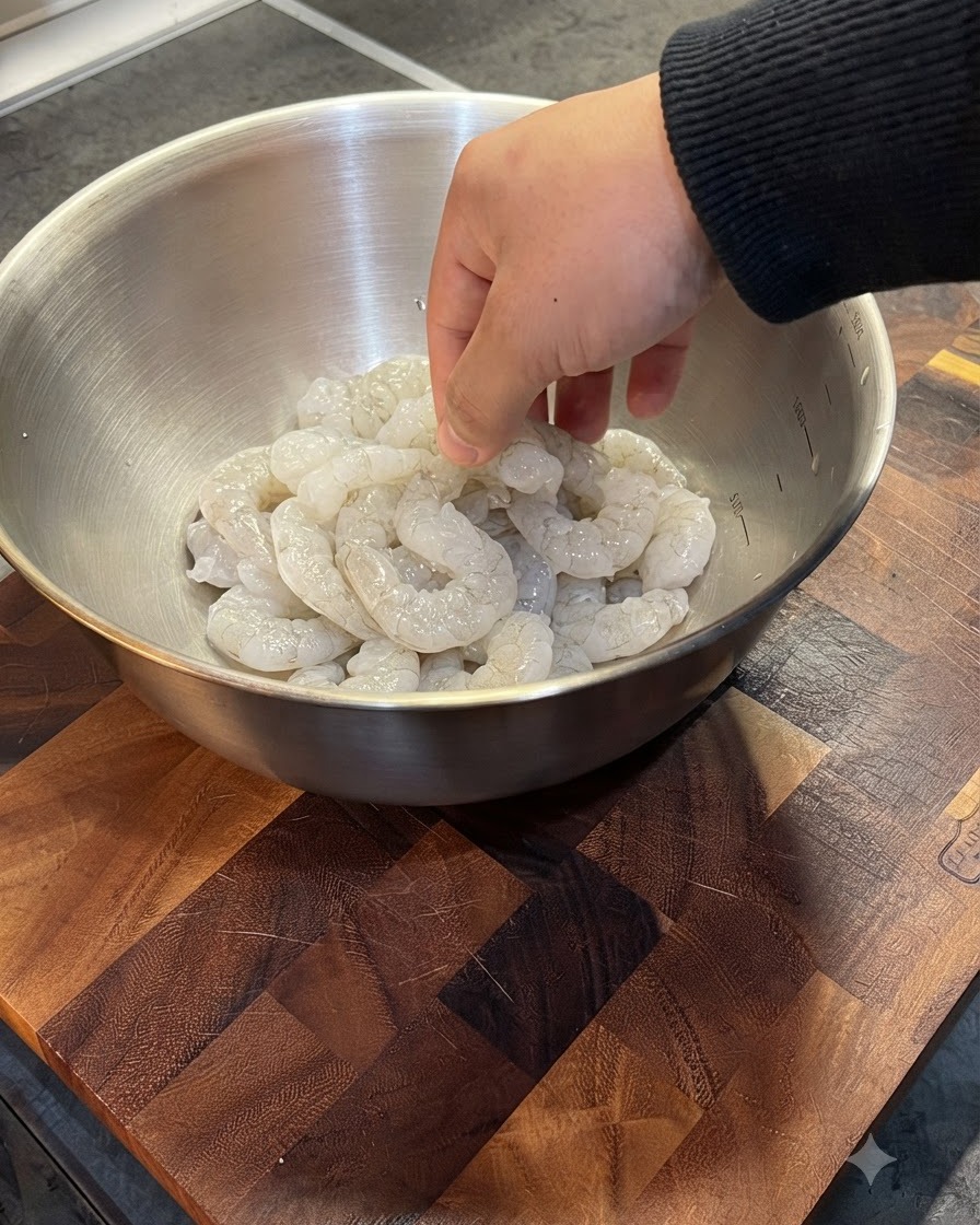 Crevettes surgelées dans un bol en métal plongé dans de leau tiède.
