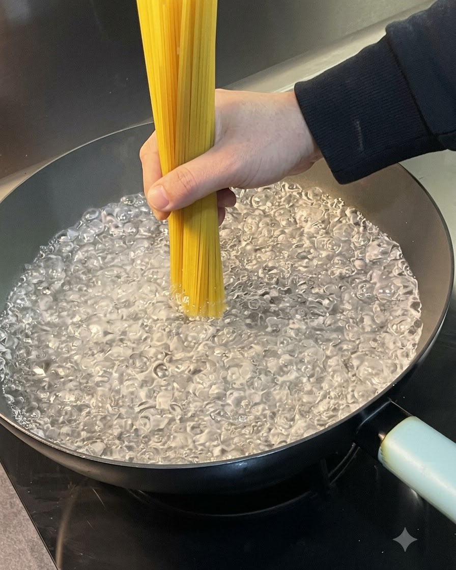 Un bouquet de spaghettis crus plongé dans une casserole deau bouillante.