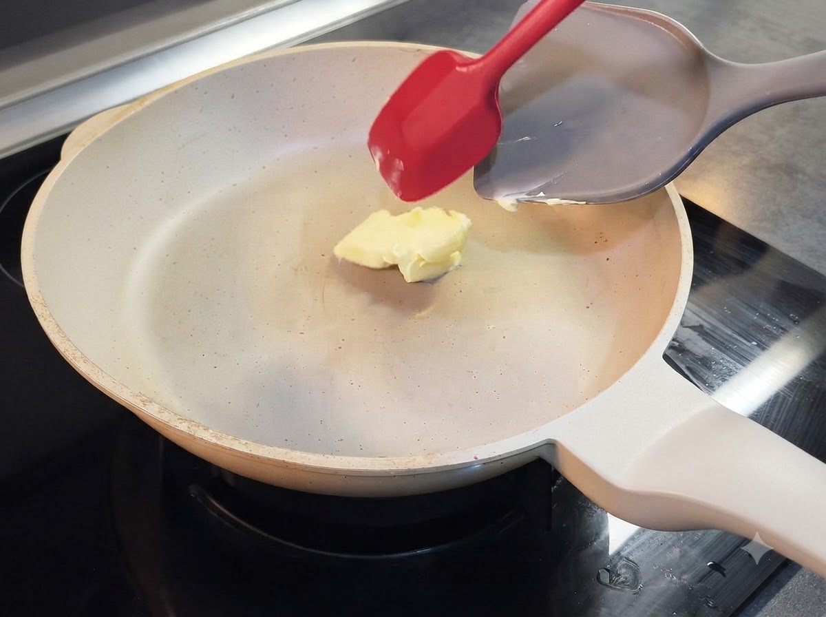 Une spatule remuant un morceau de beurre en train de fondre dans une poêle blanche.