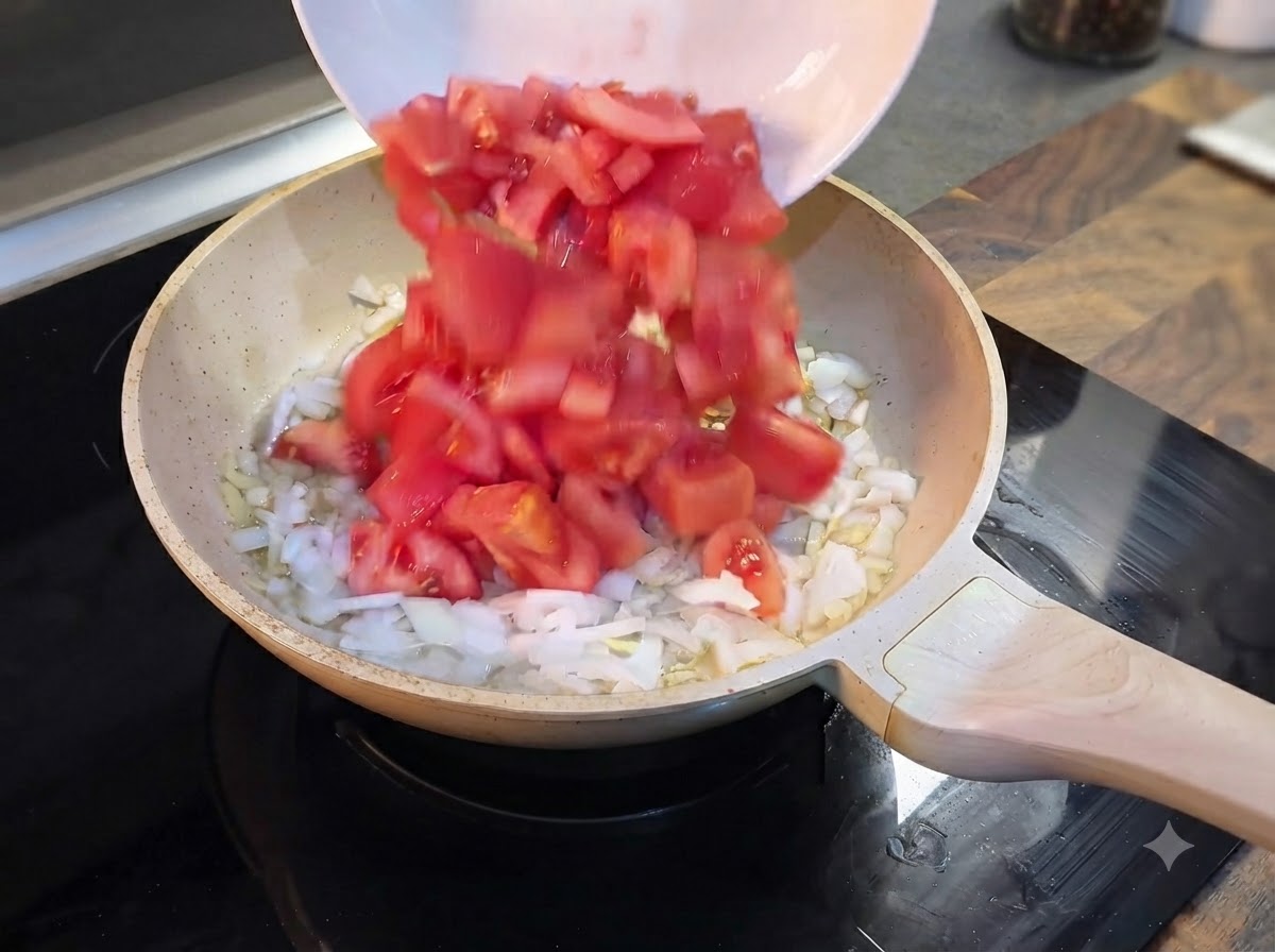 Tomates rouges fraîchement coupées versées dun bol blanc dans la poêle contenant les oignons.