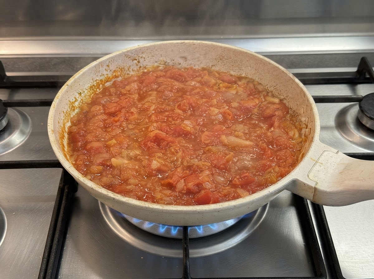 Sauce tomate frémissante dans une poêle pendant que le fromage frais y fond.