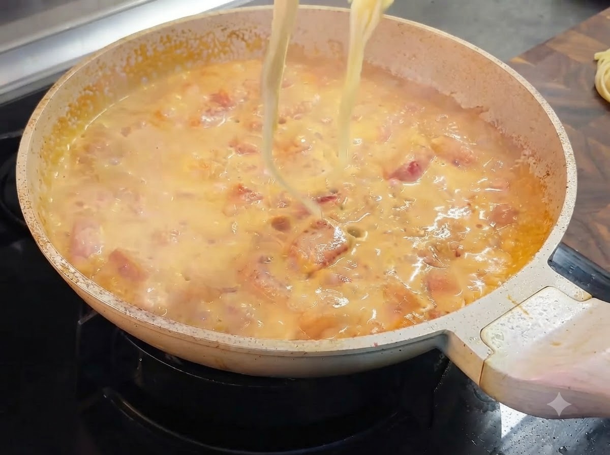 Spaghettis cuits soulevés avec des pinces et placés dans la poêle contenant la sauce tomate crémeuse.